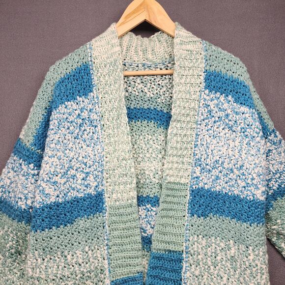 Womens Handmade Open Front Cardigan Large Blue Striped Pockets Long Line - Picture 7 of 15